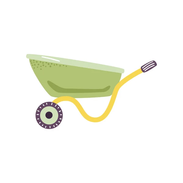 Empty green wheelbarrow cart in flat style - cute symbol of farm gardening tool for carriage of cargoes. — Stock Vector