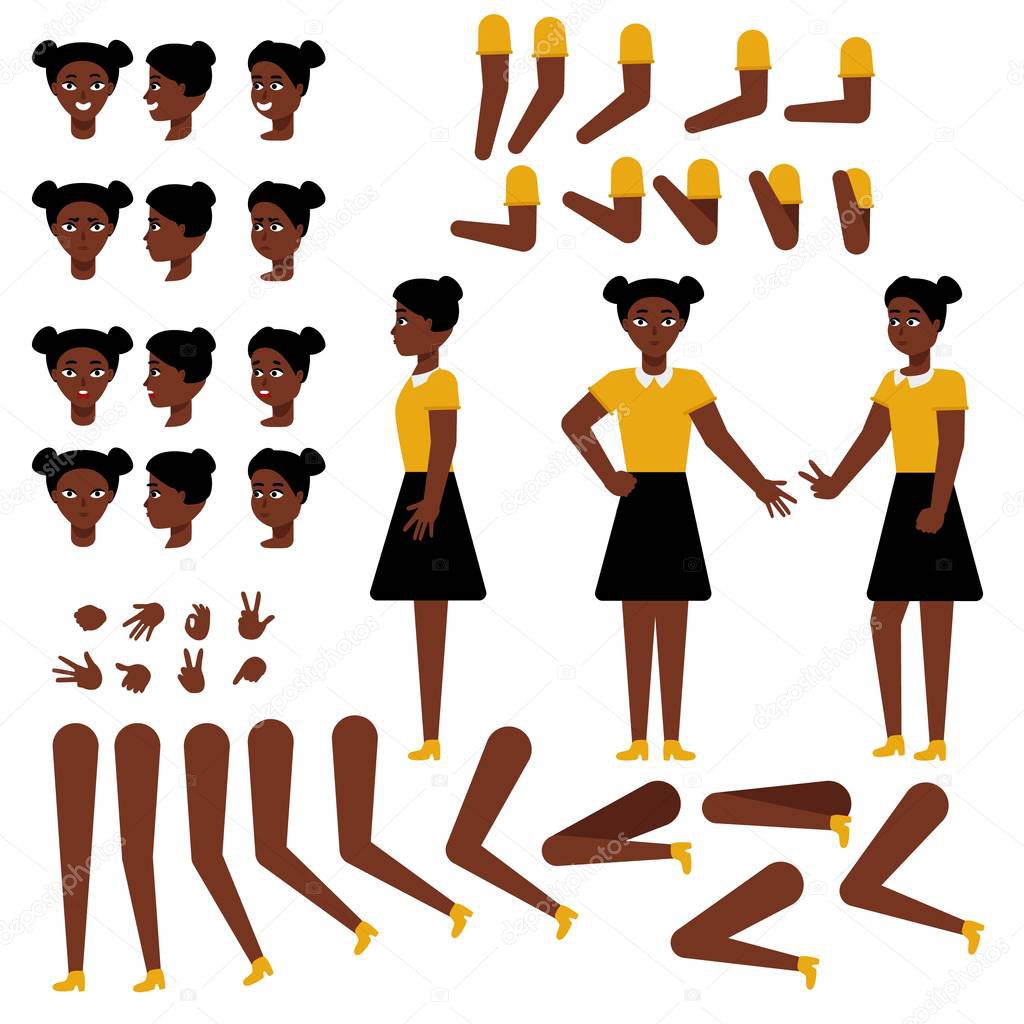 Teen african girl creation set - various body parts, face emotions and hand gestures kit. Flat isolated vector illustration of young female student cartoon character in casual clothes.