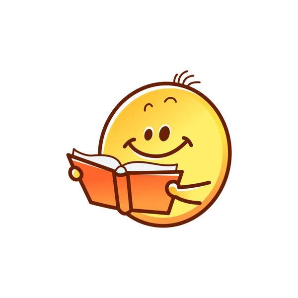 Libro de lectura de la cara sonriente - linda bola emoticono amarillo sonriente con libro rojo abierto . — Archivo Imágenes Vectoriales