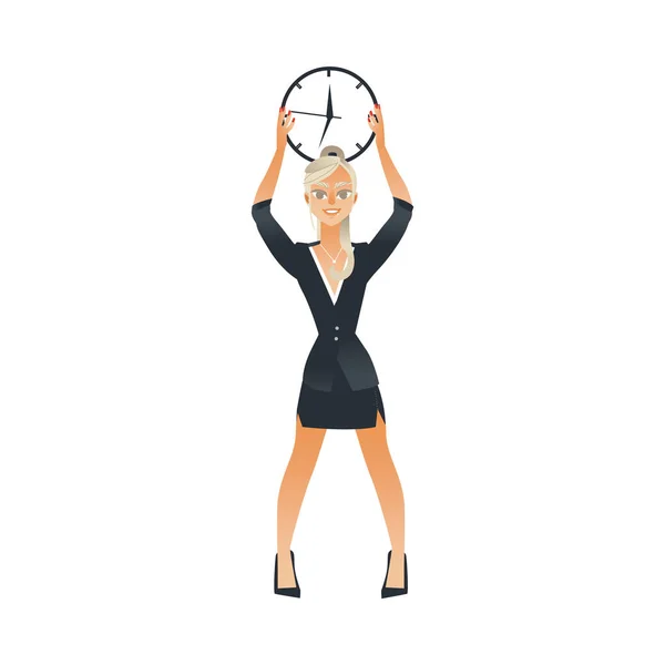 Businesswoman holding wall clock under head for time management and deadline concept. — Stock Vector