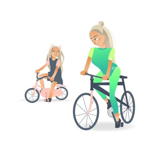 Vektor kartun ibu gadis sepeda anak - Stok Vektor