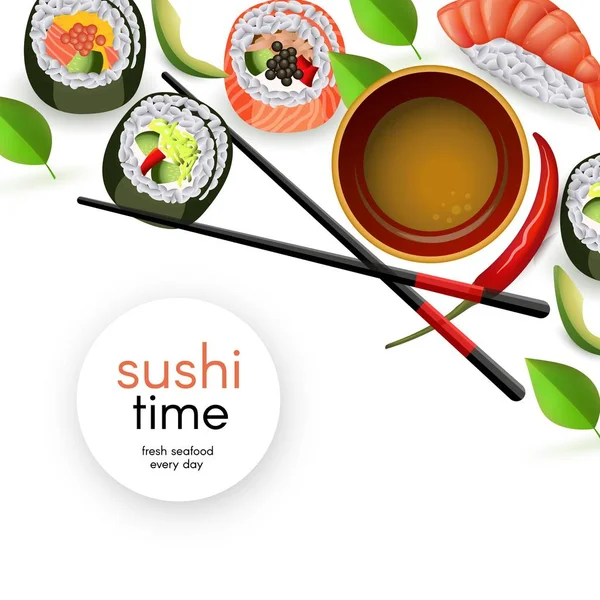 Japansk sushi banner med rullar och ebi nigiri med sojasås och ätpinnar. — Stock vektor