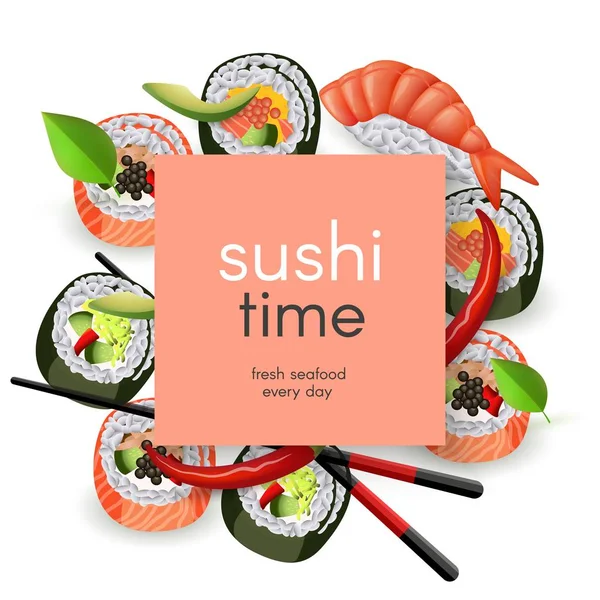 Plantilla de restaurante de sushi japonés con espacio para copiar - rollos de mariscos asiáticos realistas y ebi nigiri . — Vector de stock