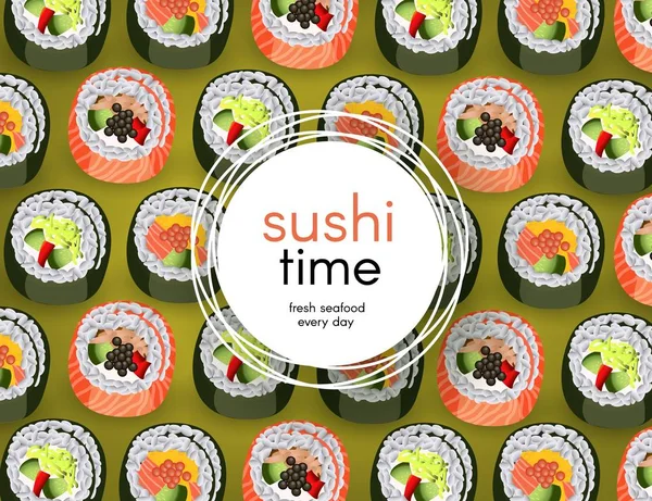 Sushi banner med färska rullar mönster på grön bakgrund och vita runda dekal med kopia utrymme. — Stock vektor