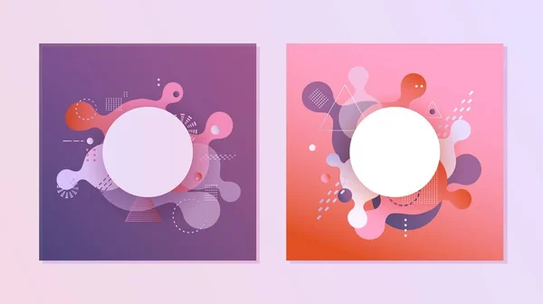 Conjunto de banners gradientes - cores fluidas formas abstratas geométricas e bolhas em fundos violetas e vermelhos . — Vetor de Stock