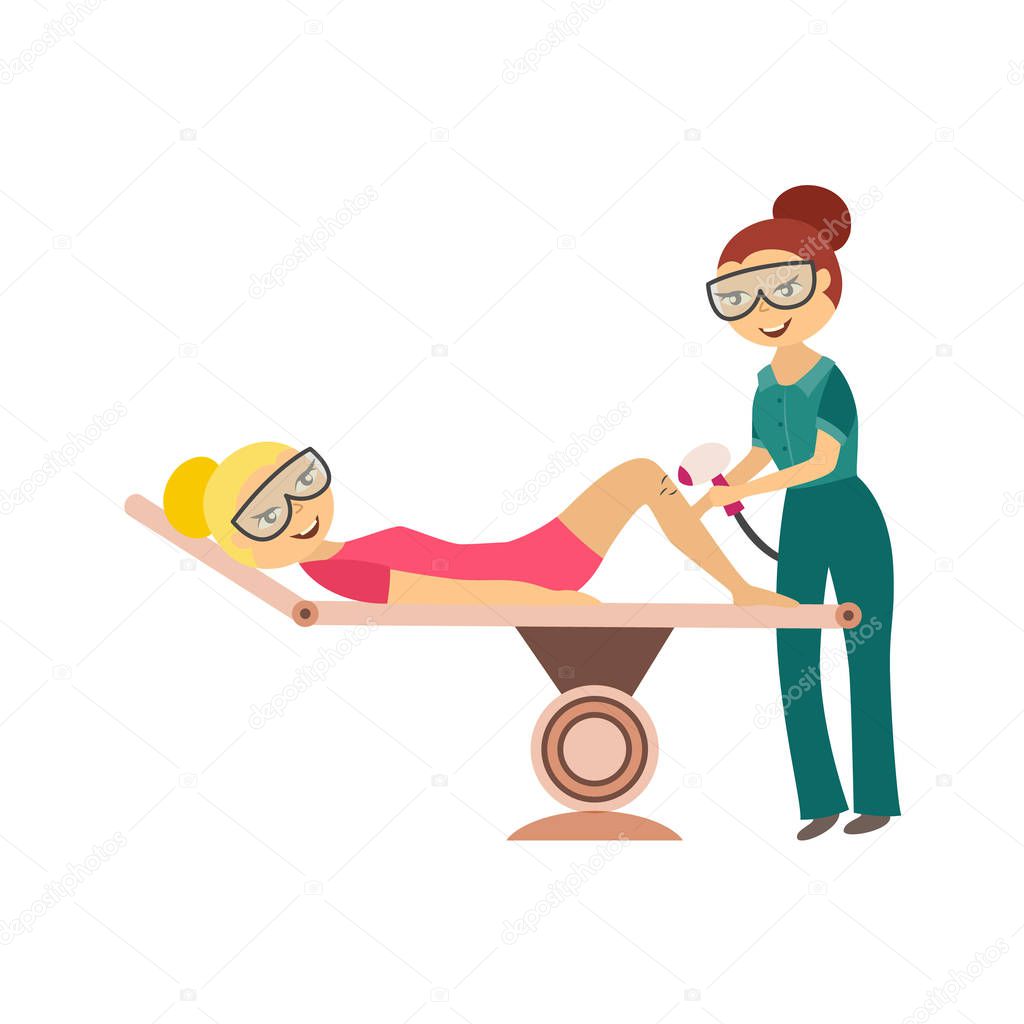 Hair removal in cosmetological salon - young woman getting laser or ipl epilation on leg.