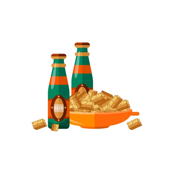 Vector flat beer glass bottles, crispy rusks pot — Stock Vector