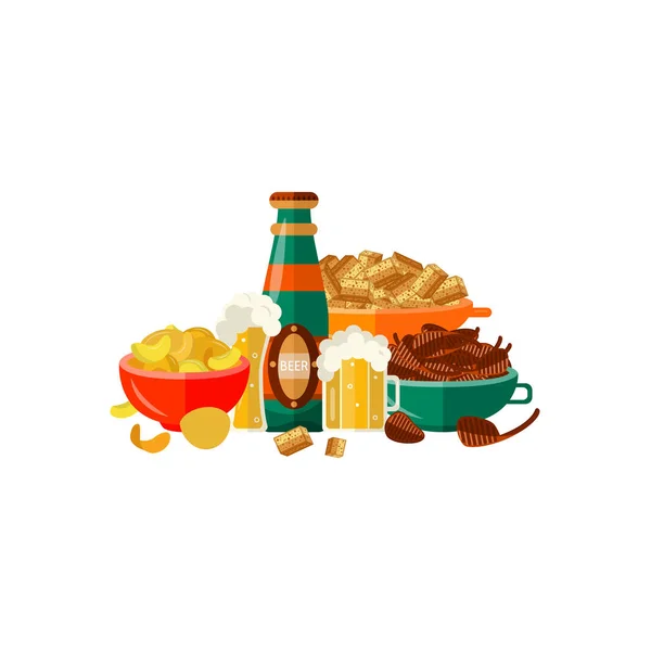 Διάνυσμα επίπεδη κούπα, αφρός golden μπύρα μπουκάλι σνακ — Διανυσματικό Αρχείο