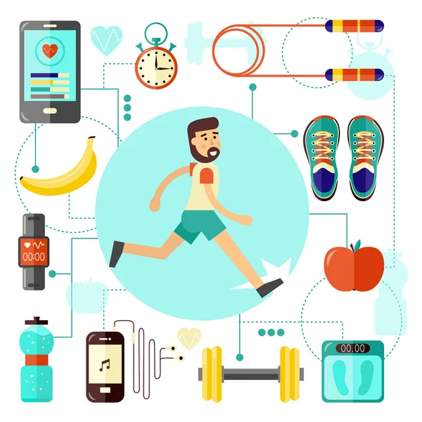 Bannière sport et mode de vie sain avec jogging jeune homme en vêtements de sport et divers équipements et aliments diététiques . — Image vectorielle