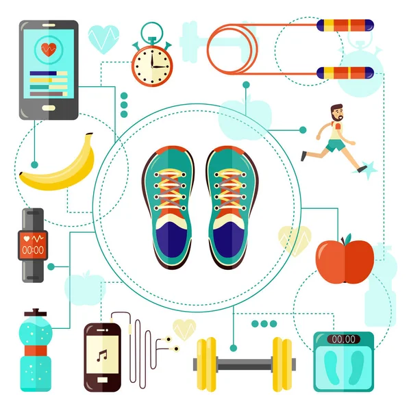 Sport et mode de vie sain bannière avec des baskets vue du dessus et divers équipements de sport, jogging homme et alimentation . — Image vectorielle