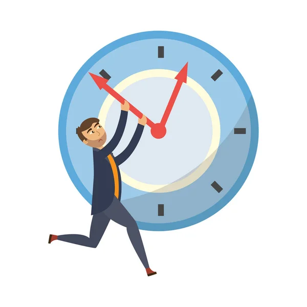Vector tired businessman holding clock hand — Stock Vector