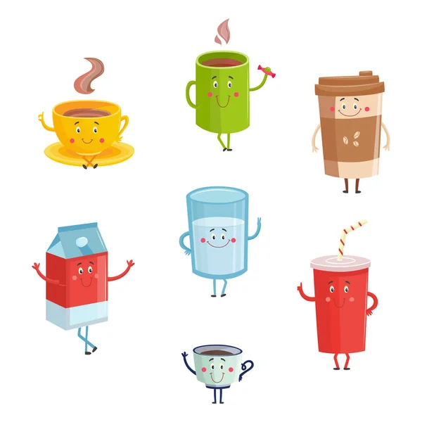 Dibujos animados lindo beber personajes aislados sobre fondo blanco. Lindas tazas felices y recipientes de café, leche y refrescos . — Vector de stock