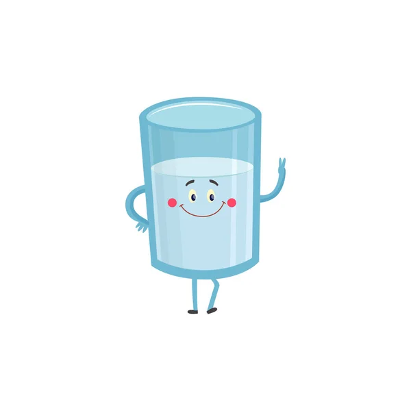 Glas Milch Zeichentrickfigur steht lächelnd und zeigt Friedensgeste isoliert auf weißem Hintergrund. — Stockvektor