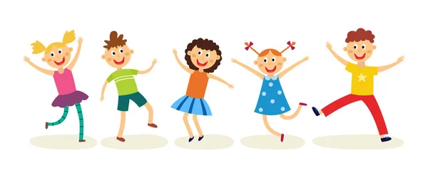 Танцующие дети в плоском стиле - счастливые веселые дети веселятся, прыгают и танцуют на белом фоне . — стоковый вектор