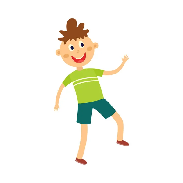 Niño feliz bailando y divirtiéndose - lindo personaje plano de dibujos animados de pequeño bailarín masculino . — Archivo Imágenes Vectoriales