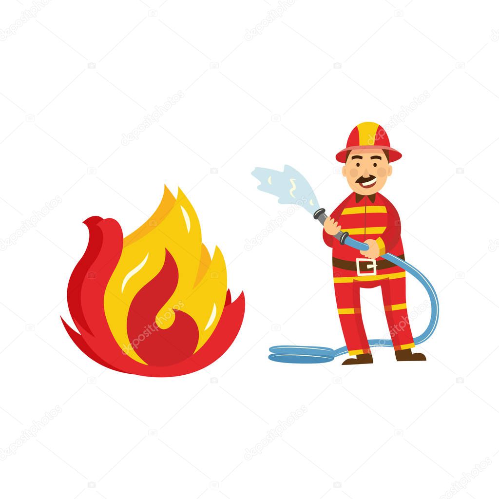 Vector fireman in protection uniform fight fire