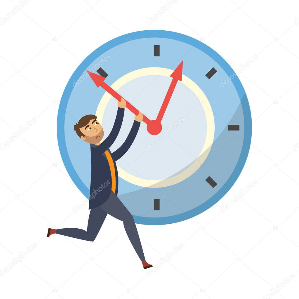 Vector tired businessman holding clock hand