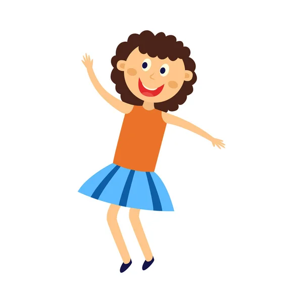 Glücklich Kind Mädchen tanzen, springen und Spaß haben - niedliche flache Cartoon weibliche Figur der fröhlichen Kindertänzerin. — Stockvektor