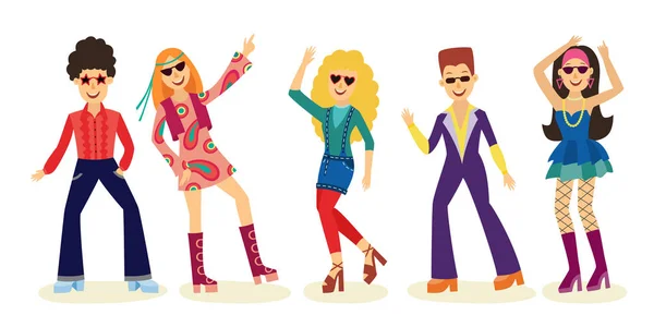 Beyaz arka plan üzerinde izole disko seti erkek ve kadın moda giysileri 70s ile dans insanlar. — Stok Vektör