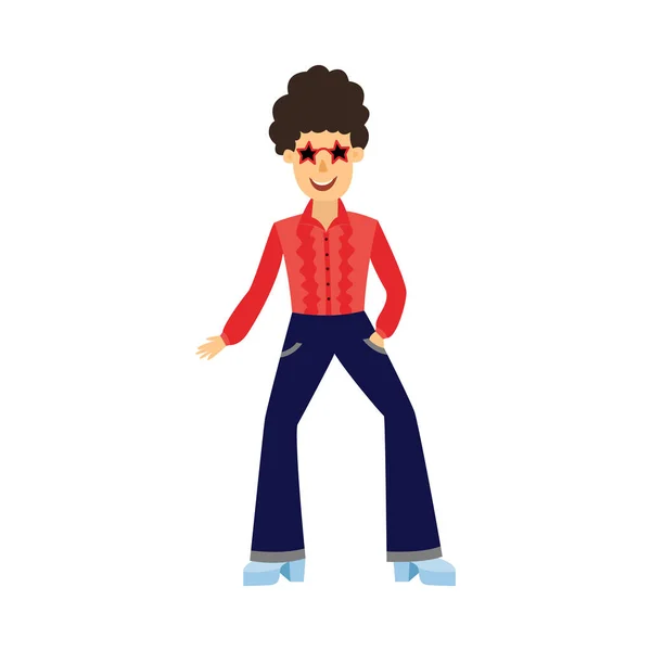 Bailarina masculina retro disco con pelo rizado en estilo 70 con pantalón pinzas y gafas de sol estrellas . — Vector de stock