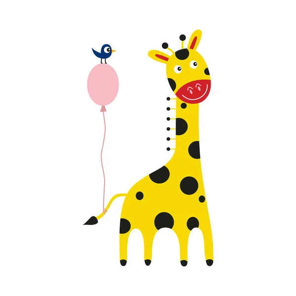 Giraffe cartoon character with pink balloon tied to tail and little bird isolated on white background.