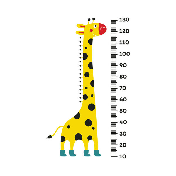Giraffe cartoon character with long neck in boots standing next to scale from 10 to 130 centimeter.