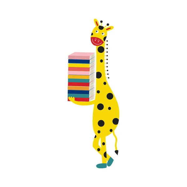 Giraffe cartoon character in boots stands smiling and holds pile of books isolated on white background. — Stock Vector