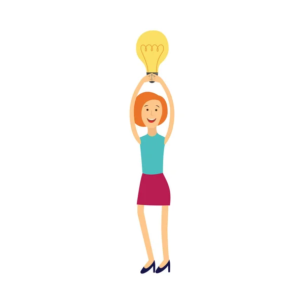 Young woman having idea illustration - smiling girl keeping above her head light bulb as symbol of great idea. — Stock Vector