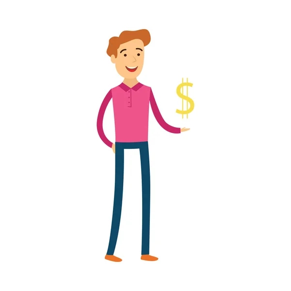 Junger Mann mit Dollarzeichen in der Hand - männliche Zeichentrickfigur eines Bankers oder Finanziers. — Stockvektor