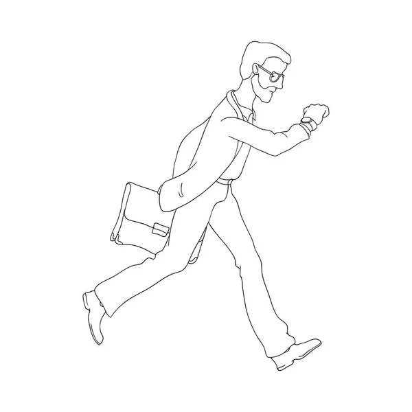 Vector late business man hurrying up looking at watches — Stock Vector