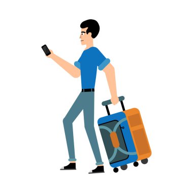 Çanta ve cep telefonu ileri izole beyaz arka plan üzerinde yürüme ile turist erkek karakteri.
