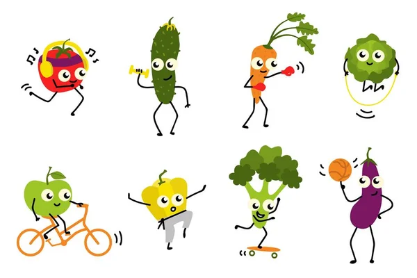 Ensemble de légumes de sport de divers personnages de dessins animés mignons faisant des exercices et s'amusant isolé sur fond blanc . — Image vectorielle