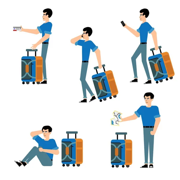 観光客男性キャラクター設定 スーツケース 携帯電話 白い背景で隔離マップとカジュアルな服装の若い男 なポーズ ベクトル図でフラット漫画旅行者 — ストックベクタ