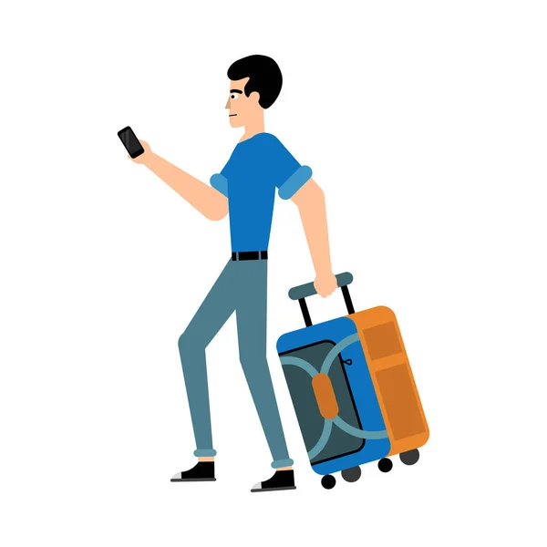 Tourist male character with suitcase and mobile phone walking forward isolated on white background. — Stock Vector