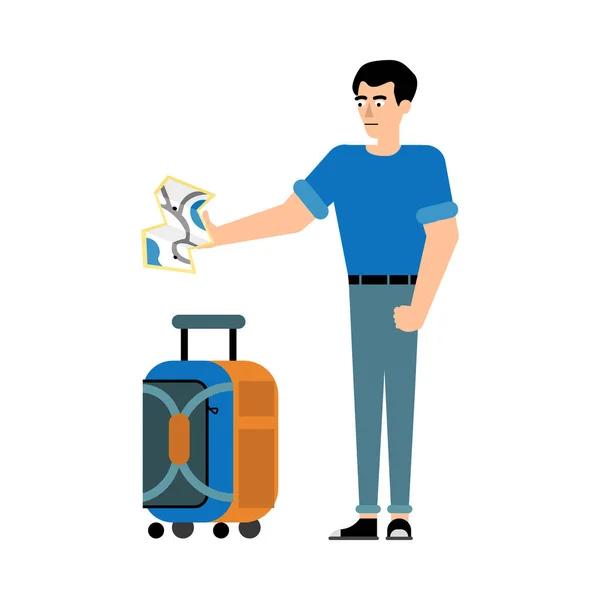 Traveler male character with suitcase stands and looks at map in his outstretched hand isolated on white background. — Stock Vector