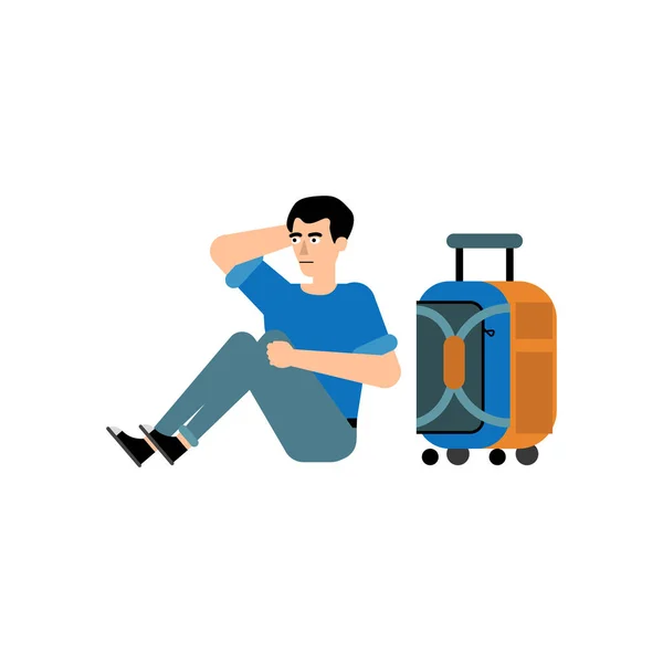 Male traveler character sitting and waiting for flight near his carry-on luggage isolated on white background. — Stock Vector