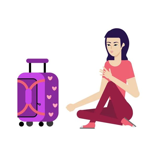 Vecteur plat femme touriste avec valise sac de voyage — Image vectorielle