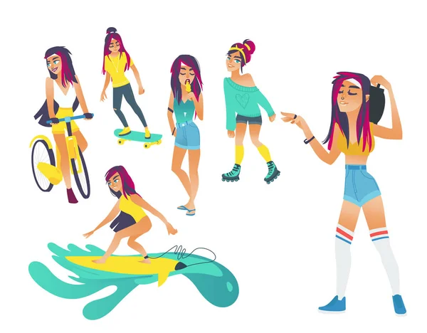 Diferentes recreaciones activas de verano con la mujer joven - ilustración vectorial aislado . — Vector de stock