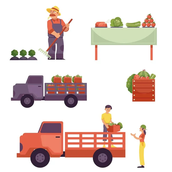Vector flat farmer products delivery process set — Stock Vector