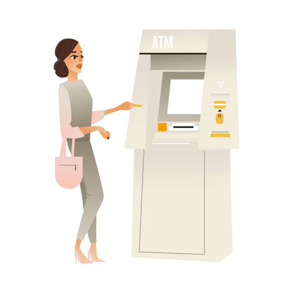 Femme vectorielle au terminal de la banque ATM — Image vectorielle