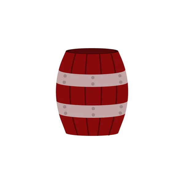 Red wooden barrel with metal hoops for storage of liquids or bulk materials isolated on white background. — Stock Vector
