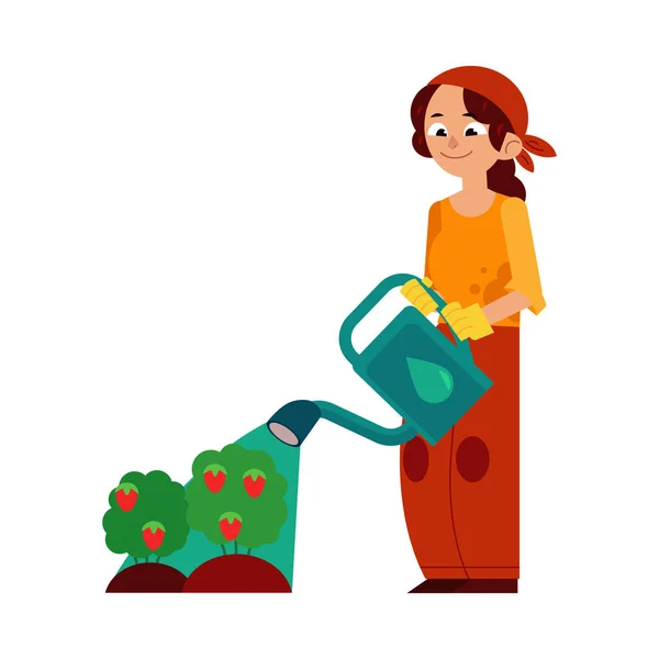 Young woman farmer pouring strawberries bushes with watering can. — Stock Vector