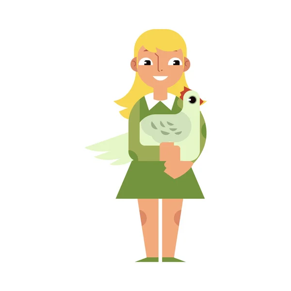Kind Mädchen umarmt Huhn mit Liebe - flache Cartoon-Figur des kaukasischen Kindes umarmt Haushuhn. — Stockvektor