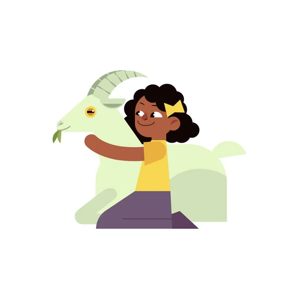 Kid flicka kramar behornade get med kärlek - platta seriefiguren av afrikanska barn omfamnande inhemska gård djur. — Stock vektor