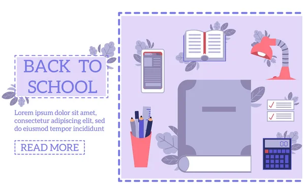 Back to school concept with education supplies and tools on web page template. — Stock Vector