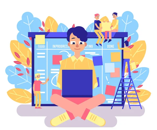 Scrum bestuur concept met jonge man aan het werk met laptop tegen grote behendig organisator met kleverige kleurrijke papieren. — Stockvector