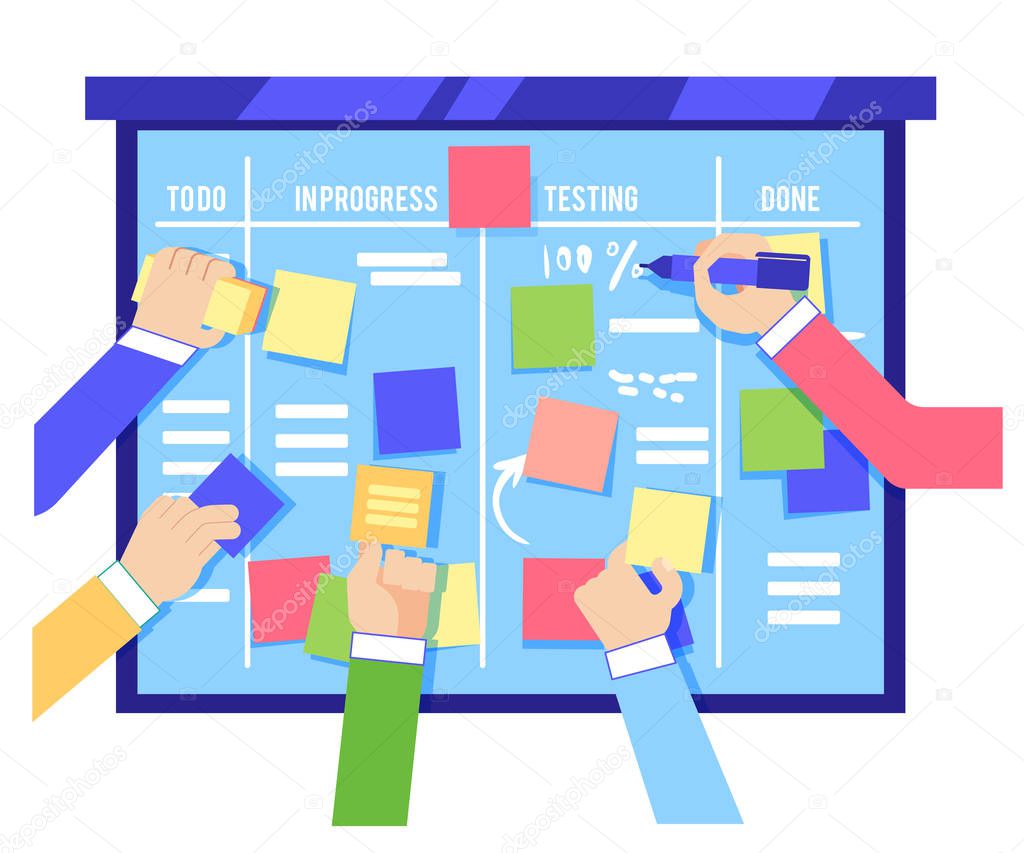 Scrum board concept with human hands sticking colorful papers and writing tasks on board.