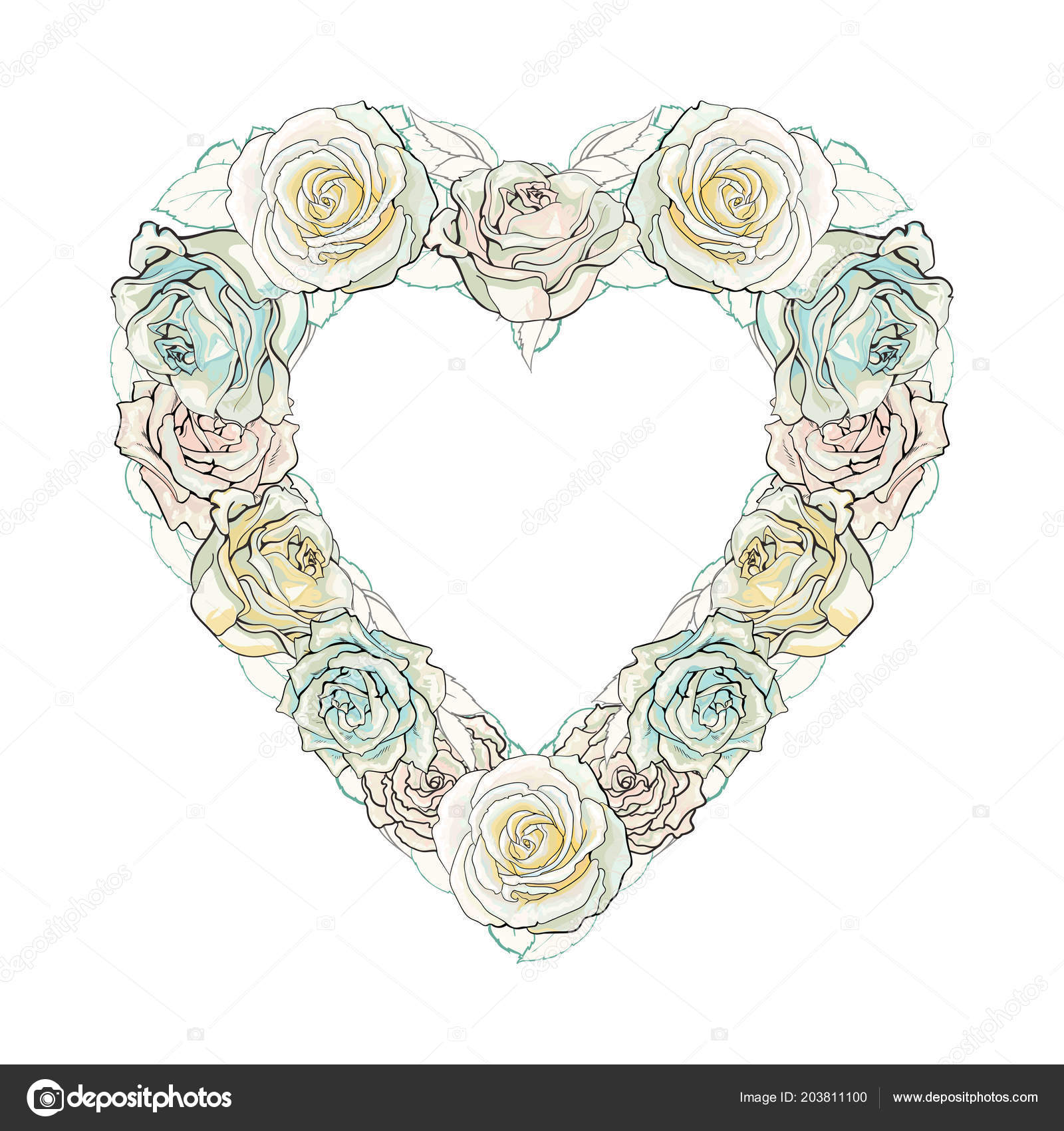 Vector Hand Drawn White Rose Heart Shape Frame Stock