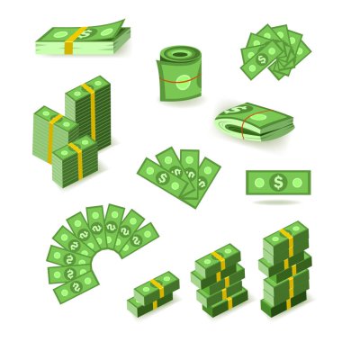 Wads, stacks, rolls and piles of dollar banknotes clipart