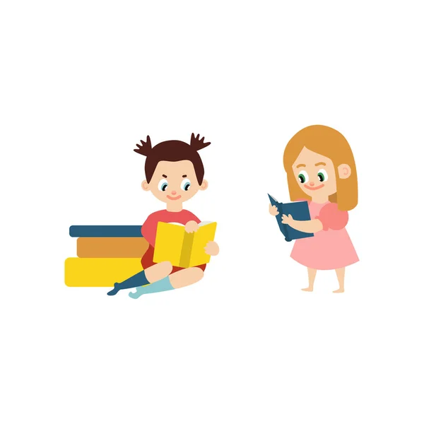 Vector chicas planas lectura libro conjunto — Vector de stock